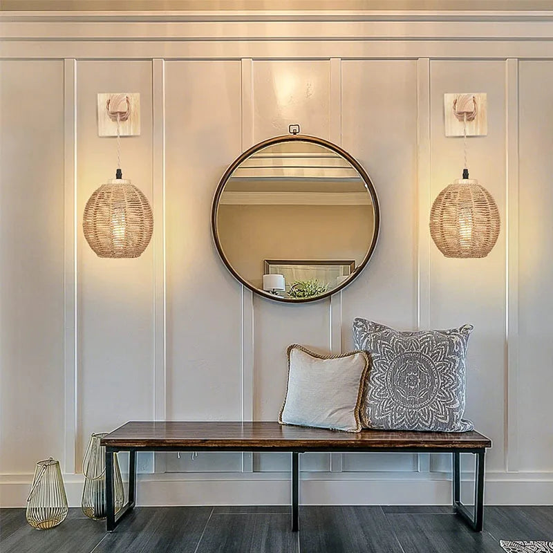 Vintage υφαντό φωτιστικό τοίχου από ρατάν