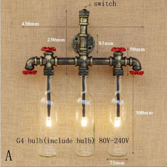 Φωτιστικό τοίχου με σωληνώσεις και χρωματιστά γυάλινα μπουκάλια