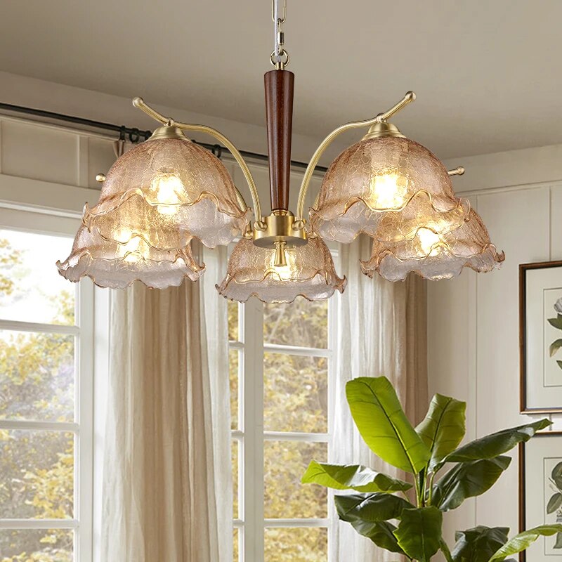 Ρετρό σπασμένος ιαπωνικός πολυέλαιος καρυδιάς από χαλκό