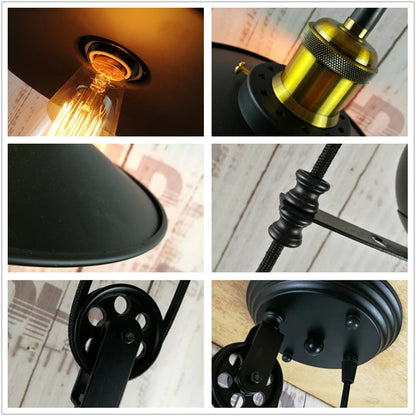 Ρυθμιζόμενο Retro Vintage Loft Αντίκες Σιδερένιο Φωτιστικό Κρεμαστό με Τροχαλία