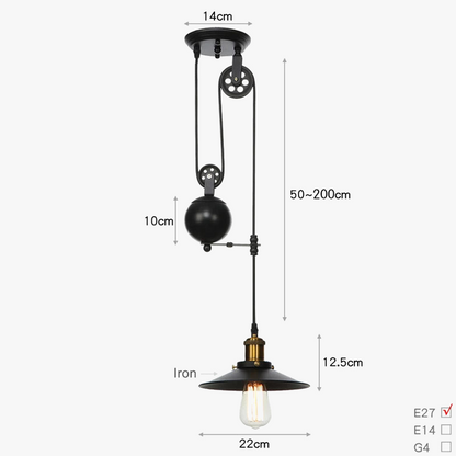 Ρυθμιζόμενο Retro Vintage Loft Αντίκες Σιδερένιο Φωτιστικό Κρεμαστό με Τροχαλία