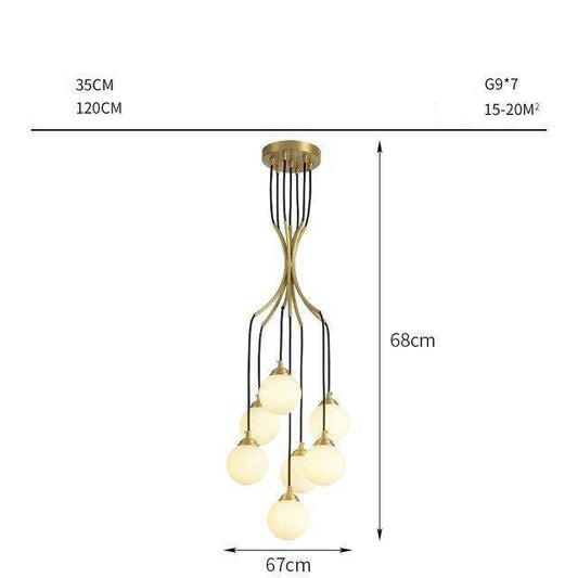 Κρεμαστό φως LED σχεδιαστή με πολλές χρυσές ράβδους και σπειροειδείς μπάλες φωτός